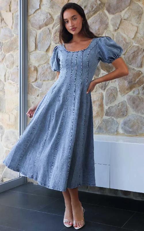 Discount Mania Kartford Puff Sleeve Denim Maxi Dress - Blue