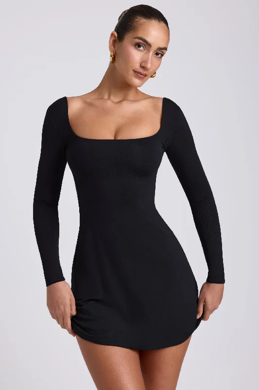 Year-End Sale Modal Square Neck Long Sleeve Mini Dress in Black