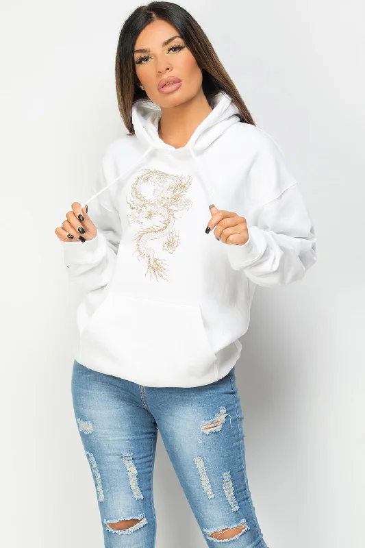 Savings Galore White Oversized Hoodie With Dragon Print