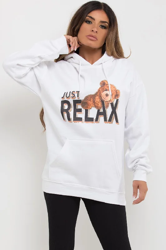 Deal Explosion Just Relax Slogan Oversized Hoodie With Teddy Print White