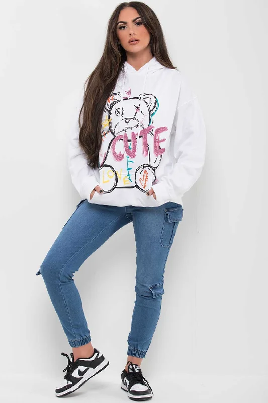 Steals and Deals White Oversized Hoodie With Teddy Bear Graphic Print