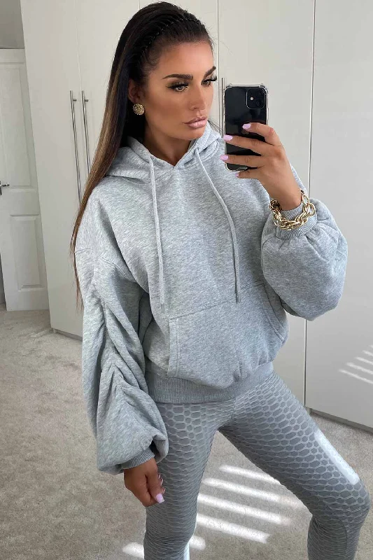 Time-Limited Offer Ruched Sleeve Oversized Hoodie Grey