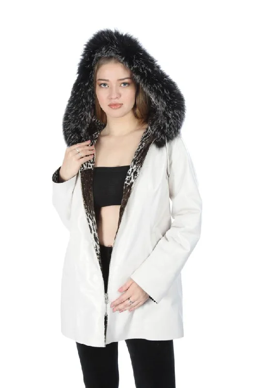 Overstock White Reversible to Cheeta with Fox Collar Woman's
