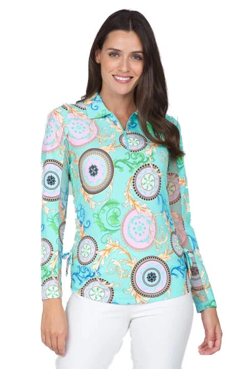Price Rollback New Women's  Ibkul Debbie Print Long Sleeve Adjustable Golf Top Size S MSP$100