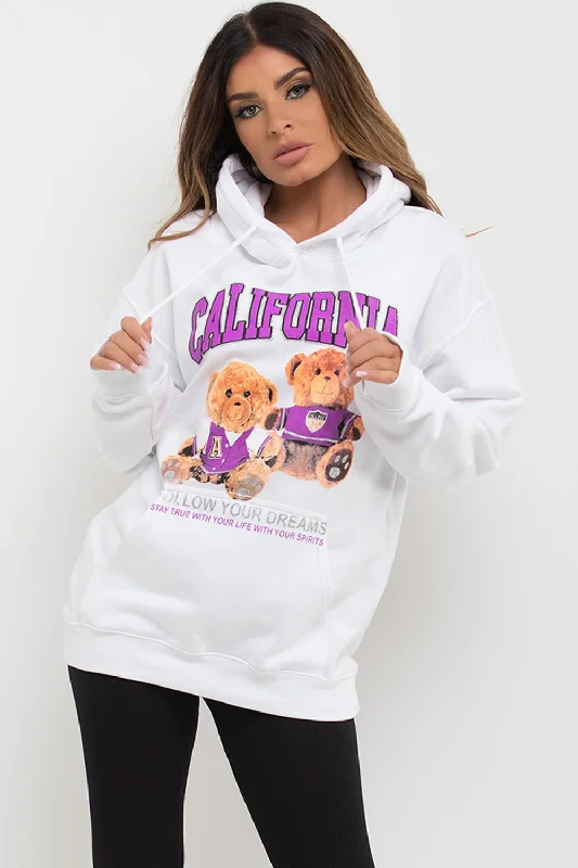 Overstock Sale White Oversized Hoodie With Teddy Bear California Graphic Print