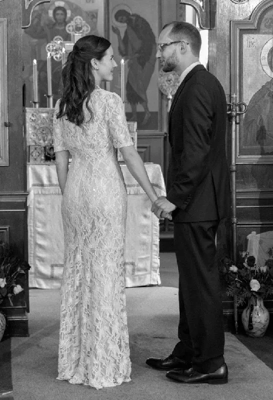 Special Savings David's Bridal Illusion Short Sleeve Long Lace Sheath
