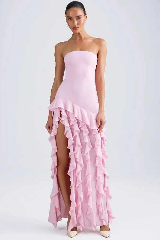 Price Meltdown Ruffle-Trim Strapless Gown in Light Pink