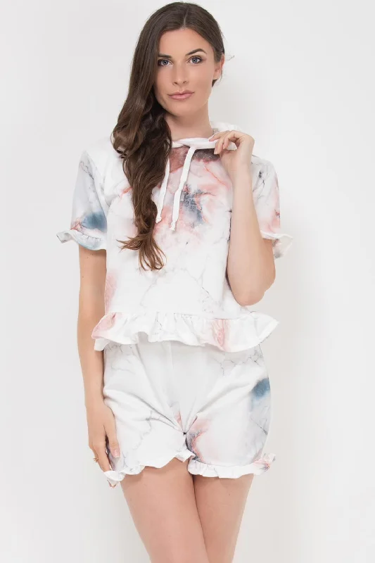 Super Deal Tie Dye Frill Hem Short Sleeve Hoodie And Shorts Set