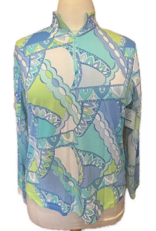 Sneak Peek Sale G Lifestyle Blue White Lime and Aqua Illustrative 1/4 Zip Sun Shirt Size XXL