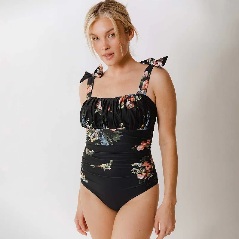Limited Stock Ruched Bow One-Piece, Rose Black