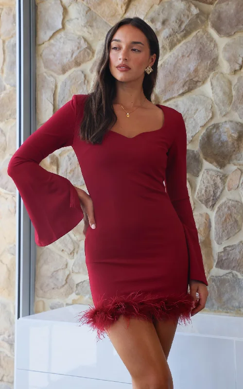 Take Advantage Oscar Feather Trim Mini Dress - Wine Red