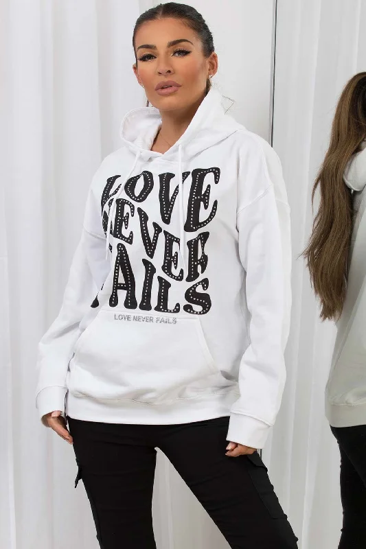 Discount Mania Oversized Hoodie With Love Never Fails Slogan White