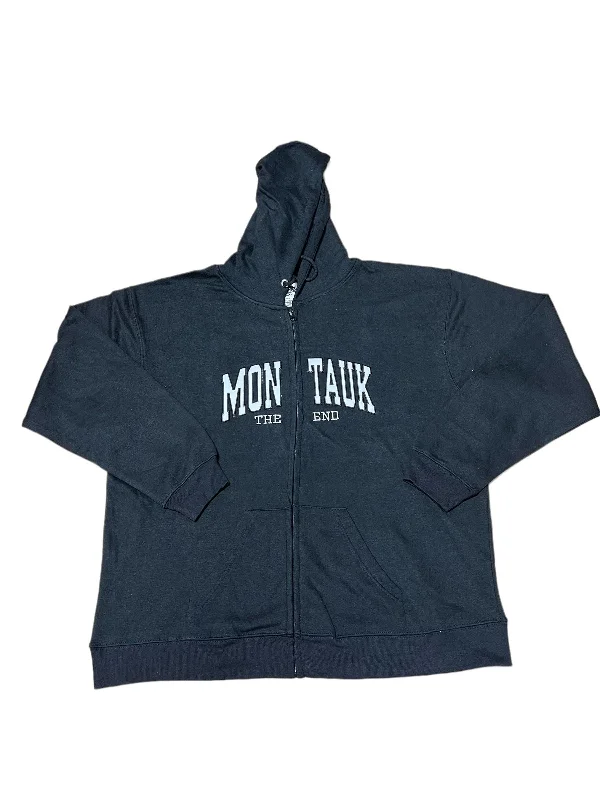 Loyalty Reward Adult Unisex Zippered Hoodie with Embroidered Montauk The End in Black Loyalty Reward Adult Unisex Zippered Hoodie with Embroidered Montauk The End in Black