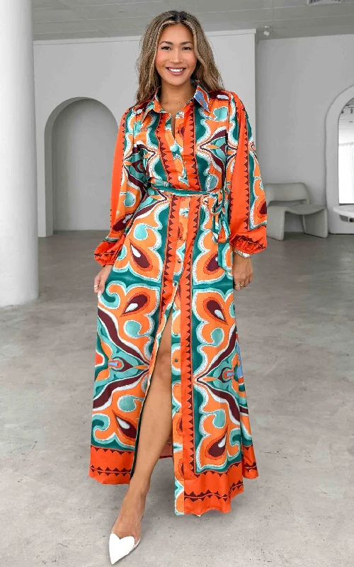 Buy More, Save More Augustine Long Sleeve Maxi Dress -  Orange Green Multi Print