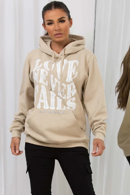 Amazing Deals Oversized Hoodie With Love Never Fails Slogan Beige