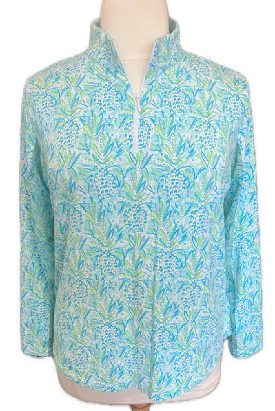 Friends and Family Sale Ibkul Blue and Green Pineapple Print 1/4 Zip Pullover Size XXL