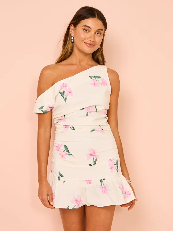 Shop and Save Issy One Shoulder Rouched Mini Dress in Rose Print