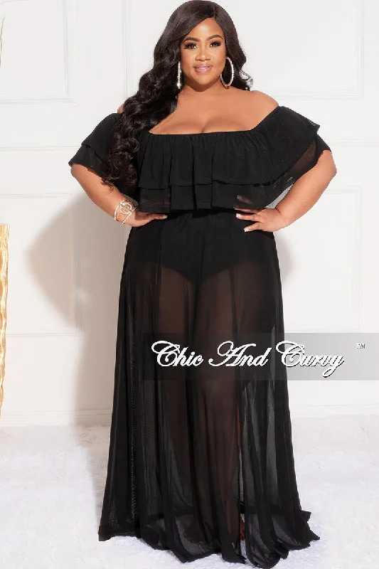 Price Reduction Final Sale Plus Size Off the Shoulder Mesh Ruffle Bodysuit Dress with Double Slits in Black