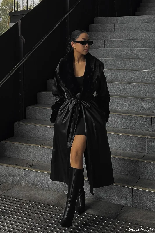 Savings Spectacular Rebekah Oversized Pu Trench Coat With Fur Trim - Black
