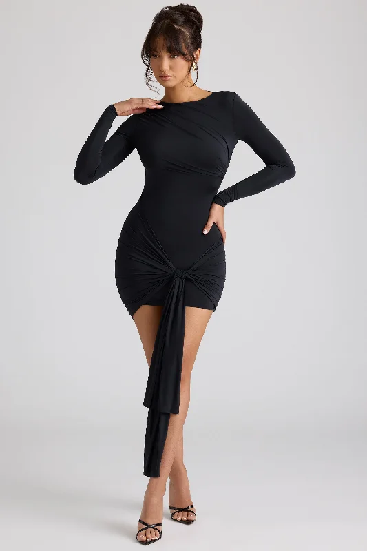 Midnight Madness Long Sleeve Draped Mini Dress in Black