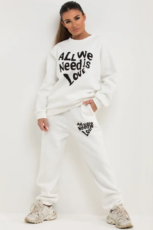 Can't Be Beat Loungewear Set With All We Need Is Love Towelling Off White