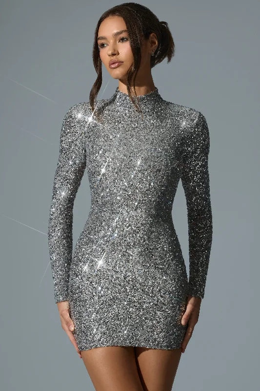 Don't Miss Embellished Open-Back Mini Dress in Silver