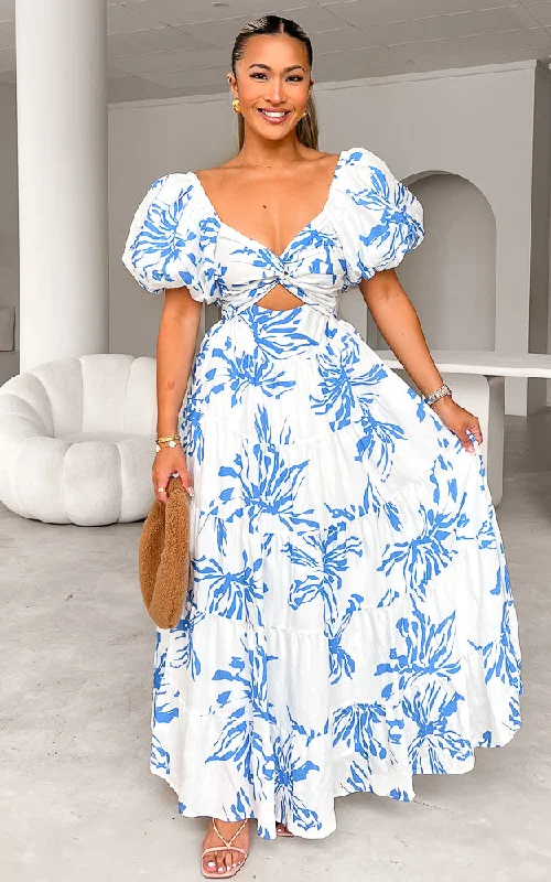 Can't Miss Bretta Maxi Dress - White Blue Print