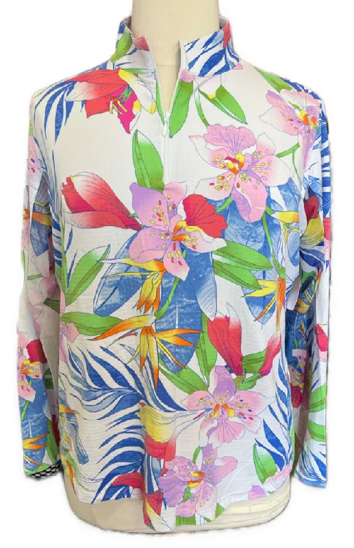 Loyalty Reward Ibkul White Multicolored Floral 1/4 Zip Pullover Size XXL