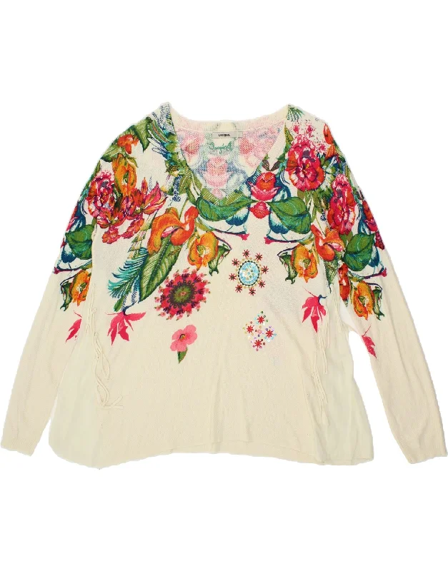 Exclusive Access DESIGUAL Womens Graphic V-Neck Jumper Sweater UK 16 Large White Floral