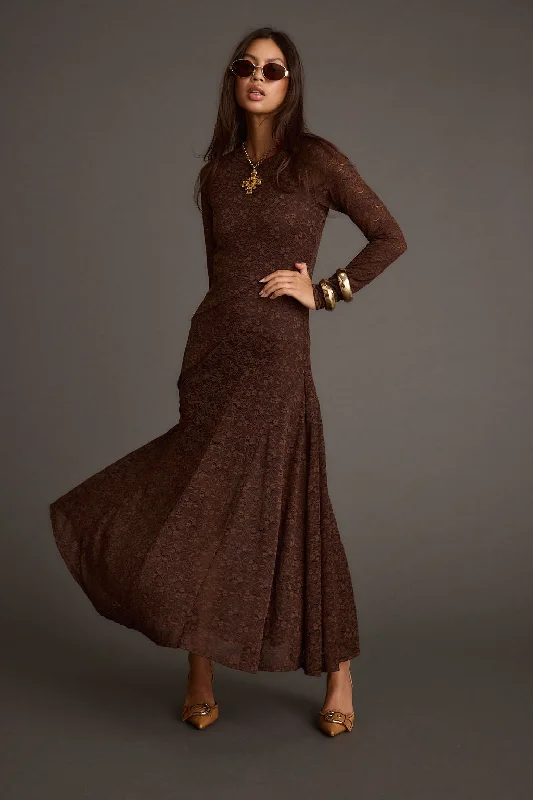 Epic Deals Tierra Brown Lace Long Sleeve Maxi Dress