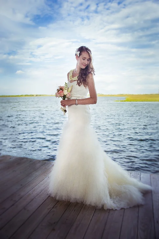 Lowest Prices David's Bridal Hand Embellished  Basket Woven Bodice and Ruffled