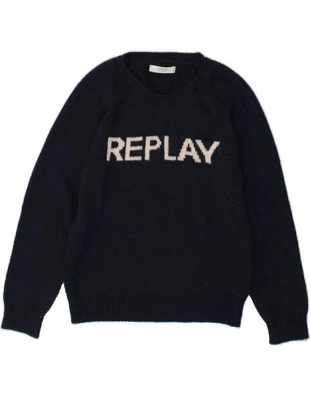 Flash Sale REPLAY Womens Graphic Boat Neck Jumper Sweater UK 16 Large Navy Blue