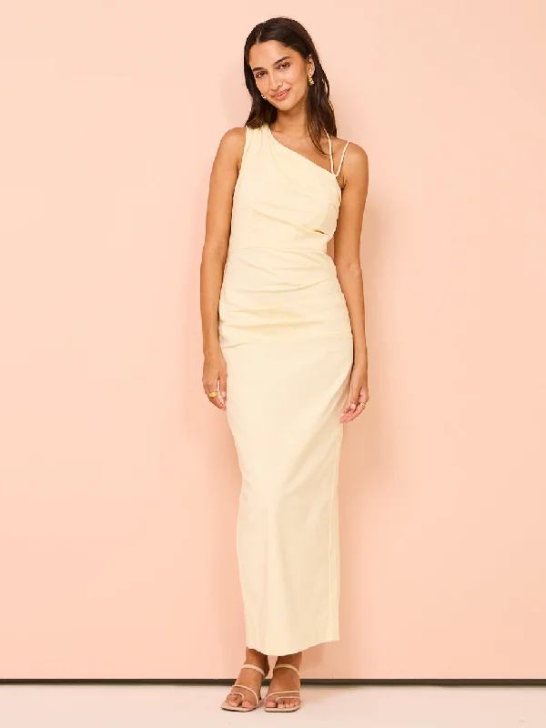 Act Fast Shona Joy Lani Asymmetrical Gathered Midi Dress in Vanilla
