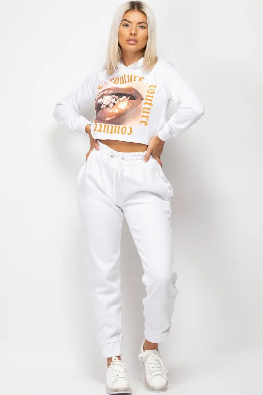 Final Markdown White Couture Graphic Slogan Cropped Hoodie