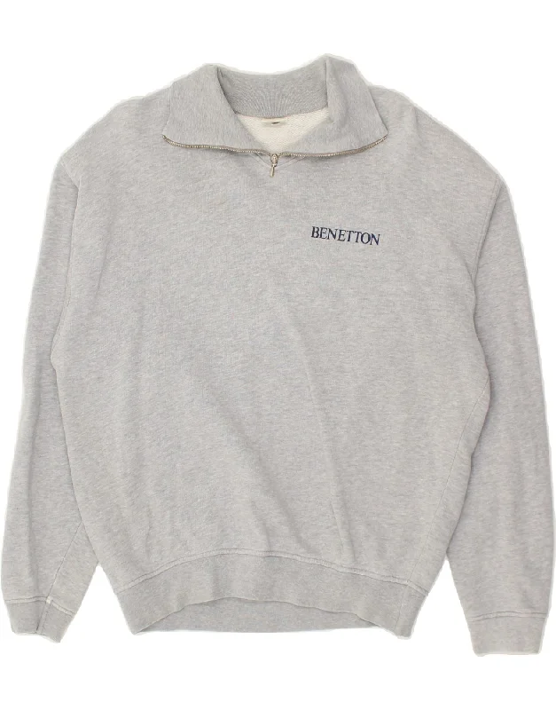 Special Discount BENETTON Womens Oversized Zip Neck Sweatshirt Jumper Medium Grey Cotton