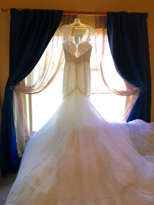 Steals and Deals David's Bridal Illusion deep plunge neckline lace trumpet