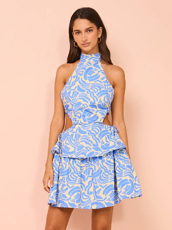 Quick Sale Ambra Maddalena Aurora Halter Neck Mini Dress in Blue Swirl