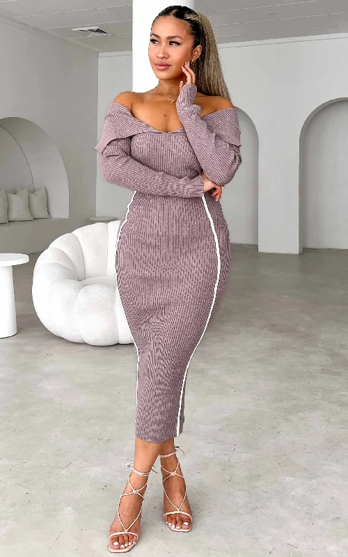 Amazing Deals Alaska Knit Midi Dress - Dusty Rose White Trim