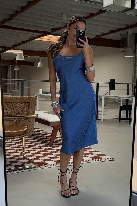 Bonus Savings Aubrey Blue Satin Jacquard Midi Dress