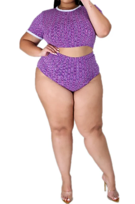 Low Prices Final Sale Plus Size 2-Piece Poolside Playsuit (Top & Bottom) in Purple Puzzle Print