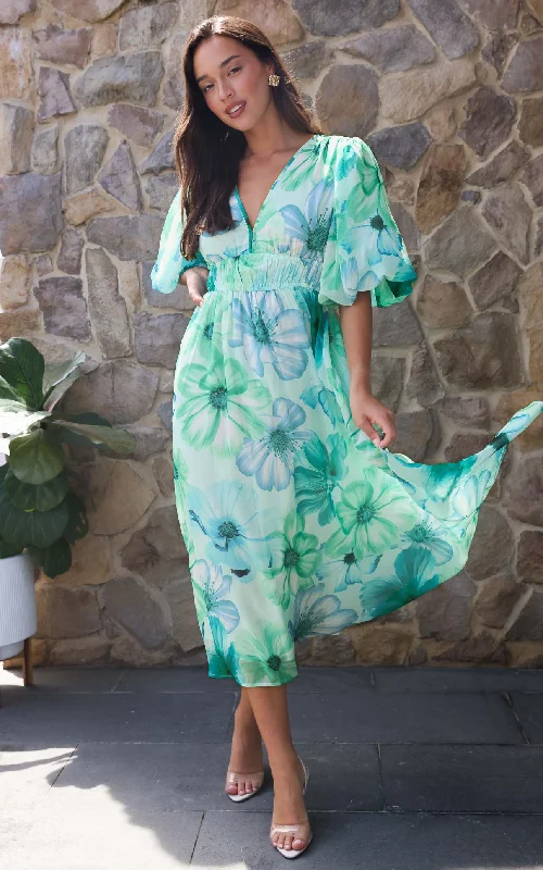 Price Cut Diana Short Sleeve Maxi Dress - Green Blue Floral