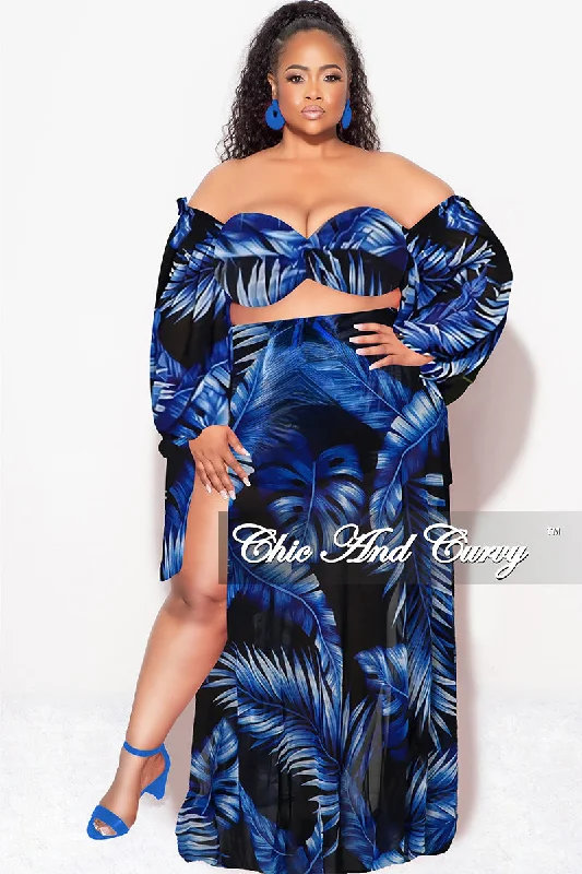 Overstock Final Sale Plus Size 3pc Playsuit Set in Royal Blue Tropical Palm Print