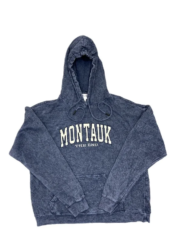 Price Rollback Adult Unisex Hooded Pullover with Embroidered Montauk The End in Denim Blue
