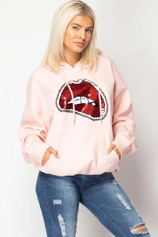 Early Access Sequin Lips Oversized Hoodie Pink
