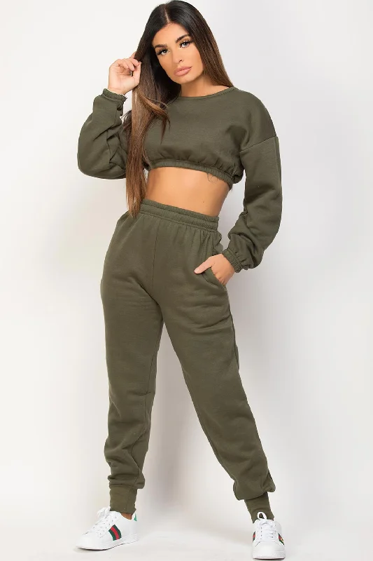 Clearance Event Khaki Crop Sweatshirt And Joggers Loungewear Set