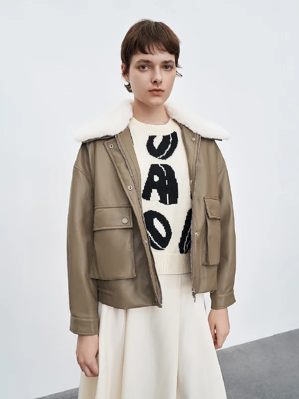 New Deals Vegan Leather Jacket With Detachable Furry Collar