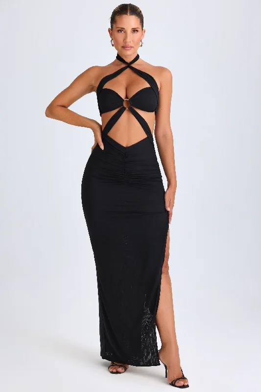 Exclusive Offers Hardware Detail Cut-Out Halterneck Maxi Dress in Black