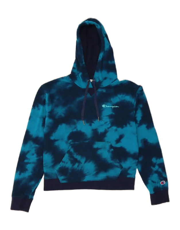 Limited Availability CHAMPION Womens Hoodie Jumper UK 14 Medium Blue Tie Dye