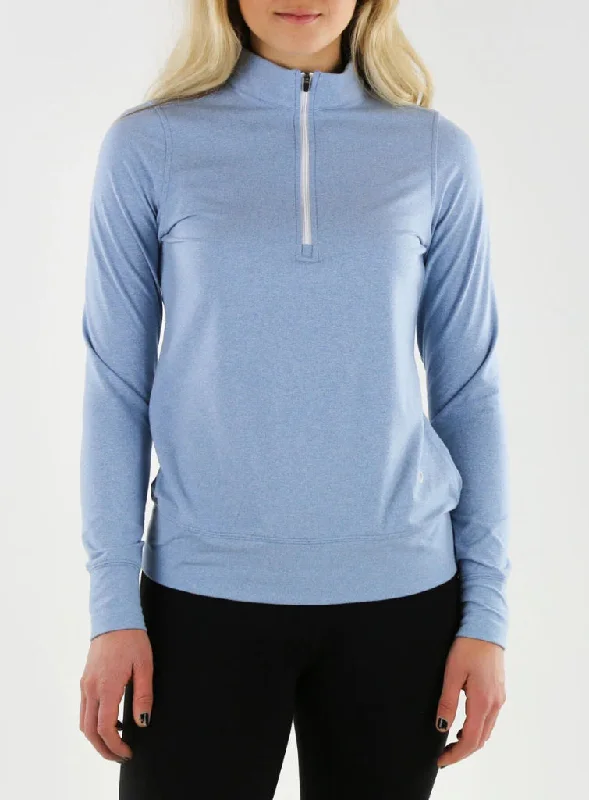 Year-End Clearance Straight Down Blue Heather Half Zip Golf Pullover w/ Sleeve Logo Size L MSP$120 Year-End Clearance Straight Down Blue Heather Half Zip Golf Pullover w/ Sleeve Logo Size L MSP$120