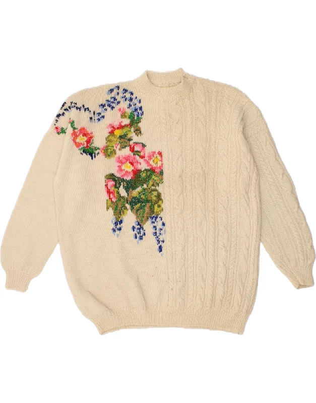 Final Markdown VINTAGE Womens Oversized Turtle Neck Jumper Sweater UK 18 XL Beige Floral